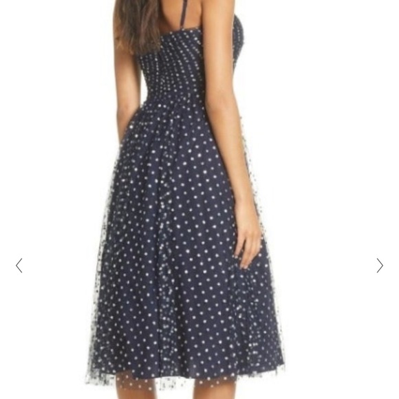 Nordstrom Eliza J Navy Silver Glitter Polka Dot Tulle Cocktail Retro Midi Dress - Picture 3 of 11